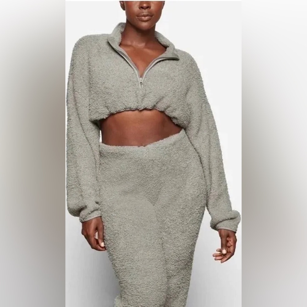 SKIMS Cozy Knit Cropped Pullover Soft Teddy Sherpa Gray Women’s Large XL - Picture 10 of 11